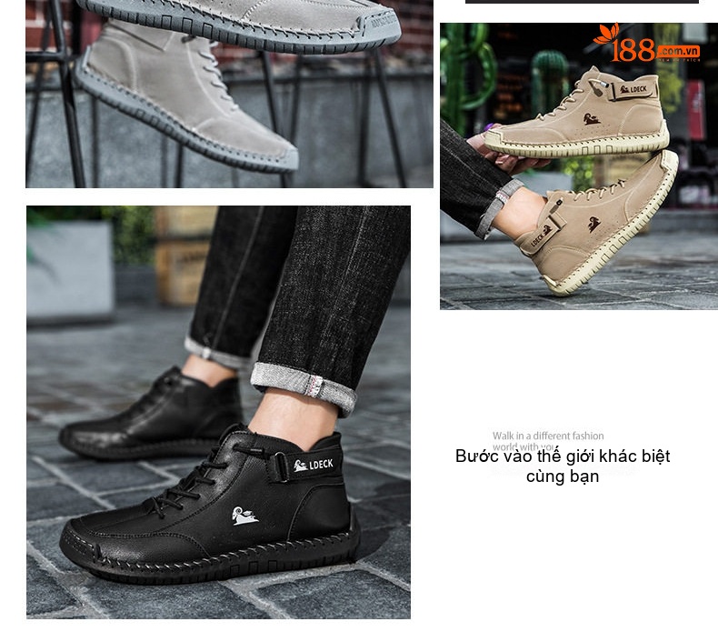 Giày Martin Cổ Cao Nam Khâu Tay Thủ Công Phong Cách Casual Chiều Cao Đế Khoảng 3cm Màu Be, Đen, Xám chi tiết 4