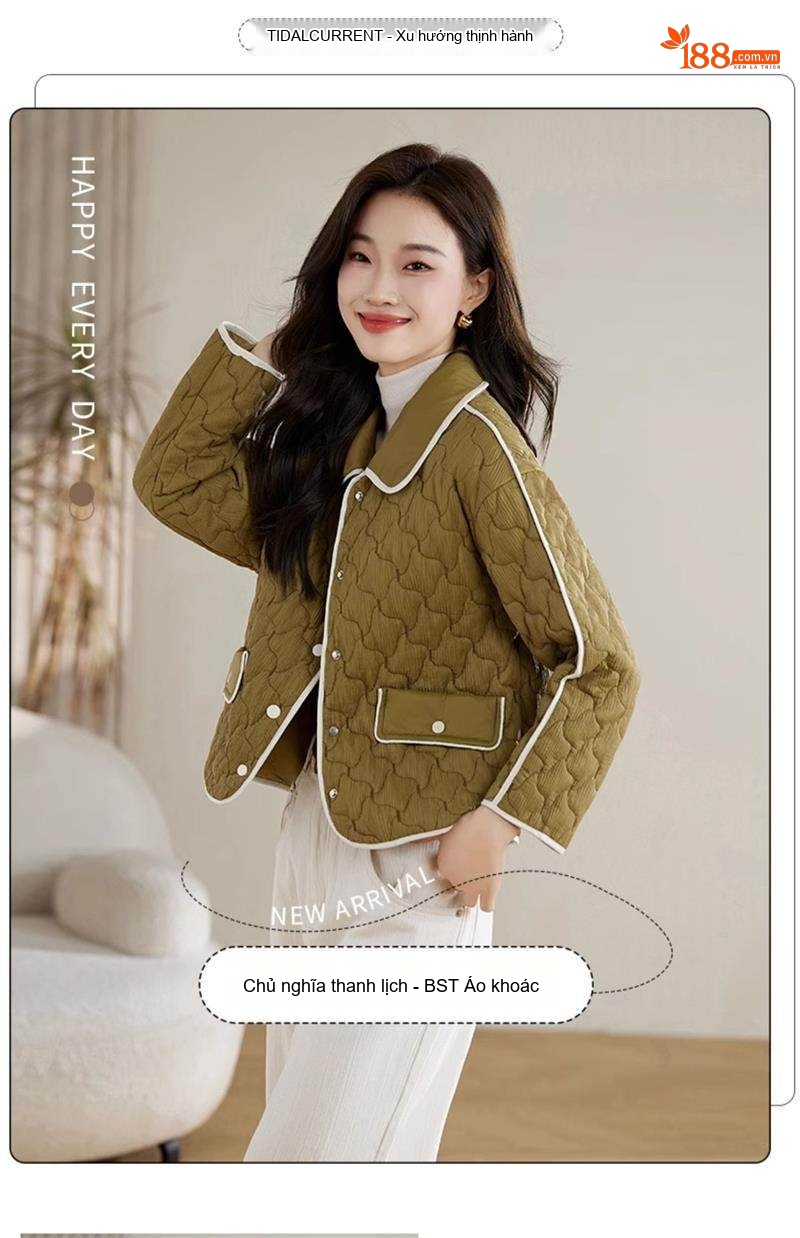 Áo Khoác Bông Trám Viền Nữ Dáng Ngắn Nhẹ Cổ Bẻ Màu Xanh Olive, Trắng, Đen chi tiết 4