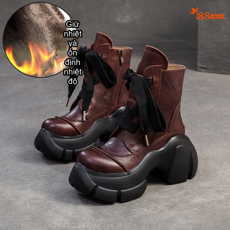 Boot Nữ Da Bò Cổ Cao Thắt Dây Phong Cách Âu Mỹ Chiều Cao Đế Khoảng 6cm Màu Đen, Nâu