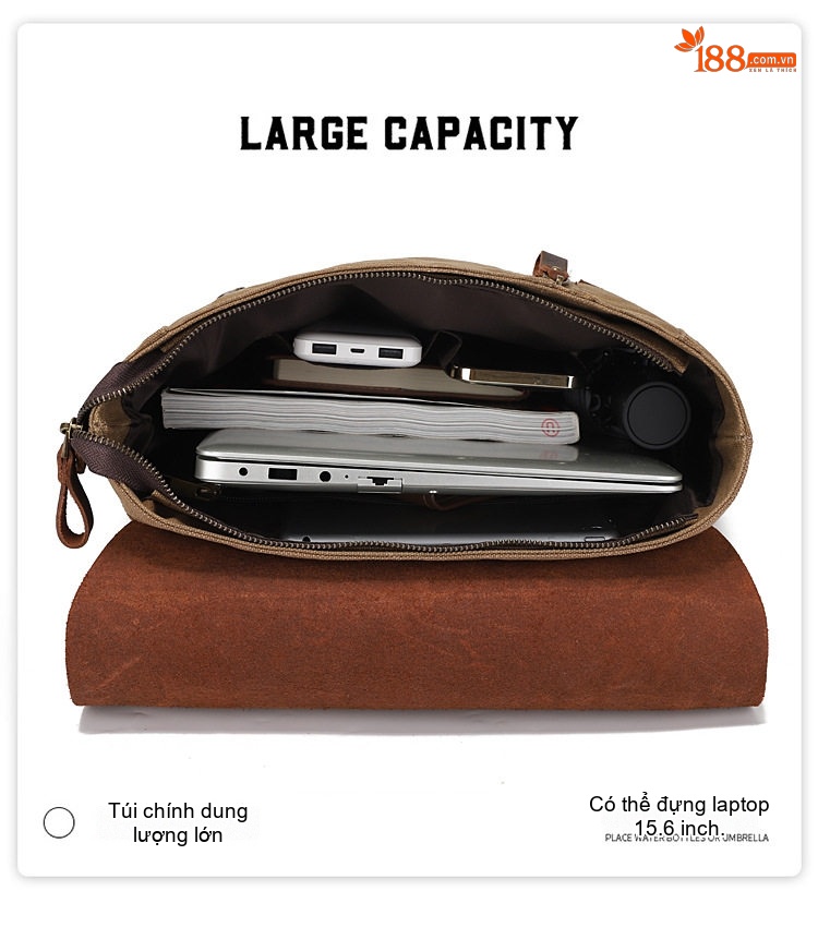 Balo Du Lịch Laptop Vải Canvas Dầu Sáp Chống Thấm Nước Cỡ Lớn Màu Nâu, Xám, Đen, Xanh... chi tiết 7