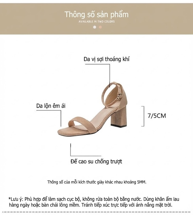 Giày Sandal Cao Gót Nữ Hở Ngón Quai Ngang Nỉ Gót Cao 7cm Màu Be, Đen chi tiết 4