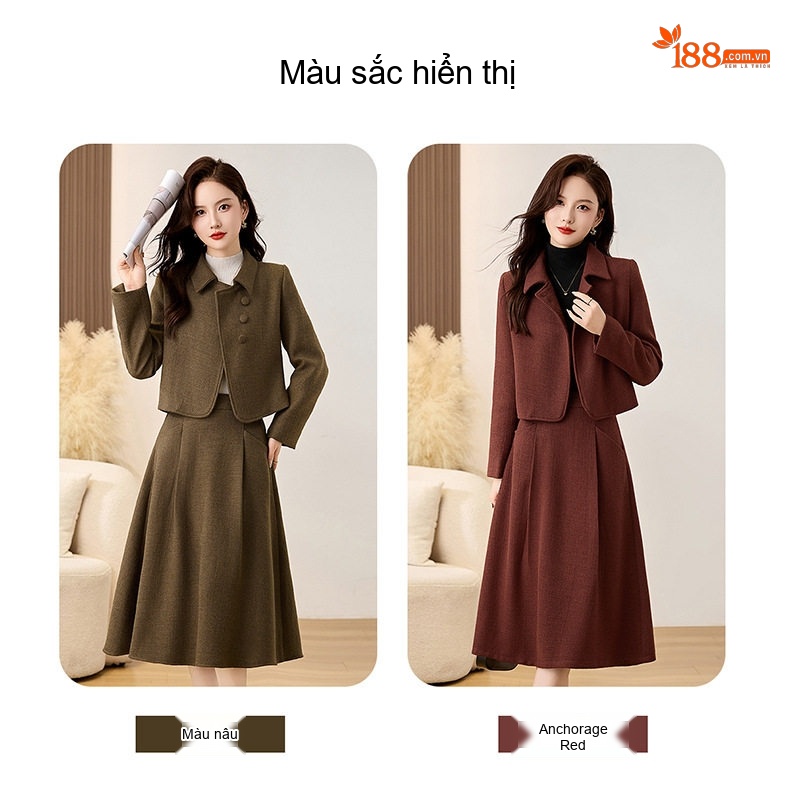 Set Áo Khoác Lửng Tay Dài Vải Flanel Chần Bông Và Chân Váy Midi Phong Cách Tiểu Thư Màu Nâu Đỏ, Xanh Rêu chi tiết 3