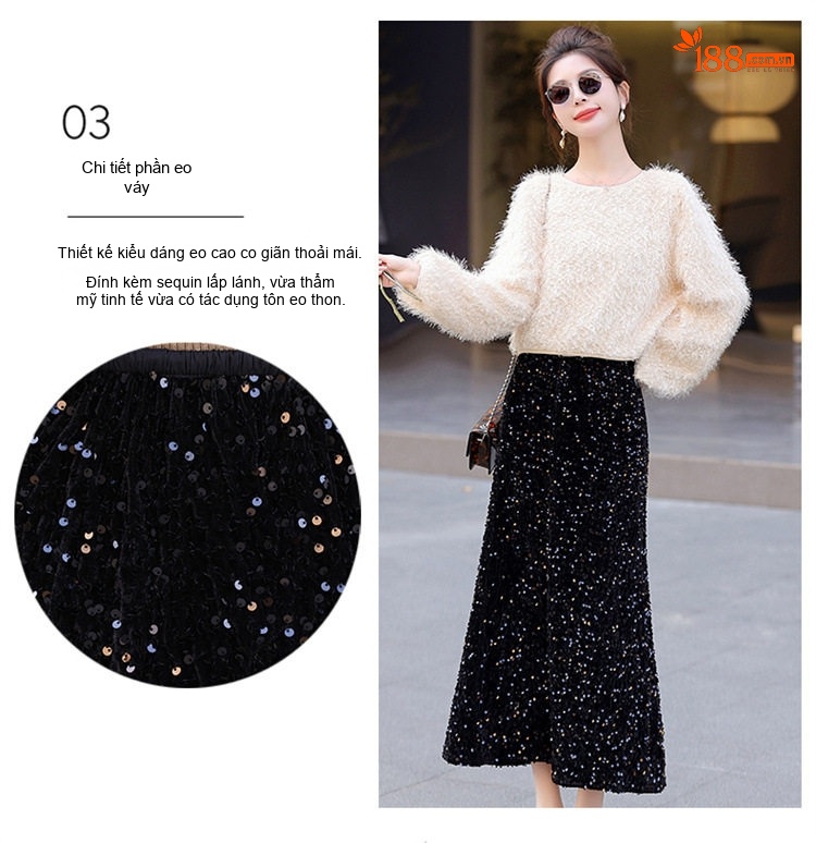 Set Áo Lông Dài Tay và Chân Váy Midi Lấp Lánh Phong Cách Tiểu Thư Màu Trắng, Đen chi tiết 8