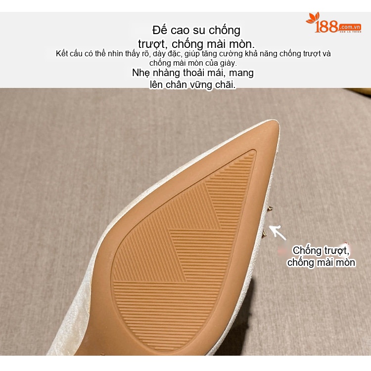 Giày Cao Gót Nữ Nỉ Chiều Cao Đế Khoảng 5cm Mũi Nhọn Gắn Đá Màu Đen, Trắng, Xám chi tiết 10