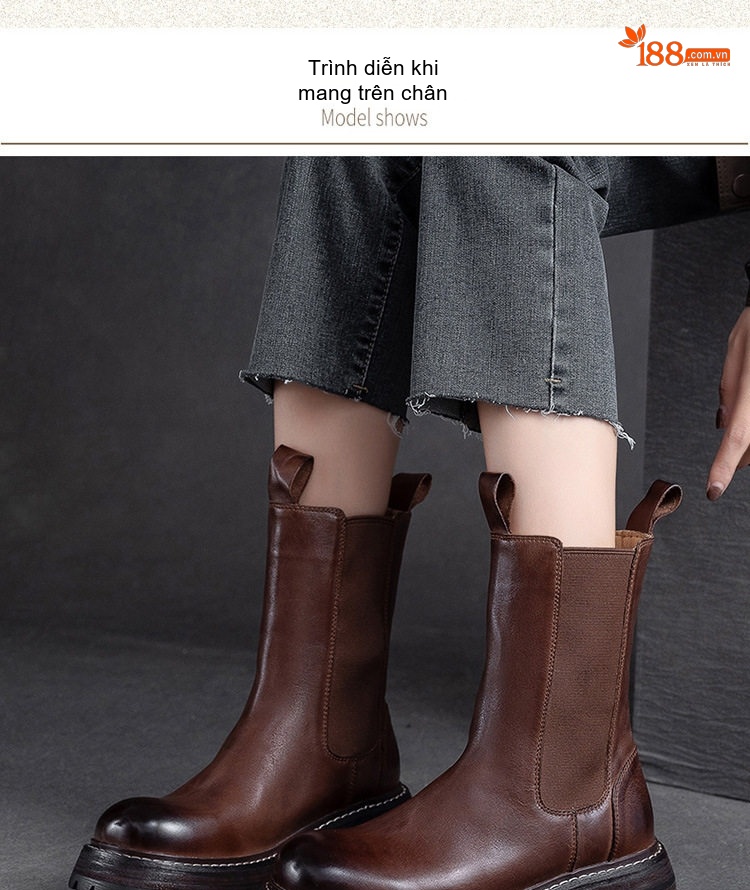 Boot Nữ Cổ Lửng Da Bò Đế Dày Phong Cách Retro Chiều Cao Đế Khoảng 5cm Màu Đen, Nâu chi tiết 5