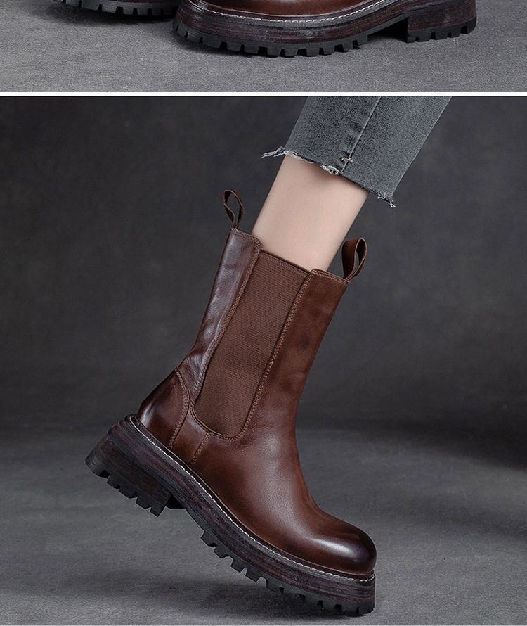 Boot Nữ Cổ Lửng Da Bò Đế Dày Phong Cách Retro Chiều Cao Đế Khoảng 5cm Màu Đen, Nâu chi tiết 6