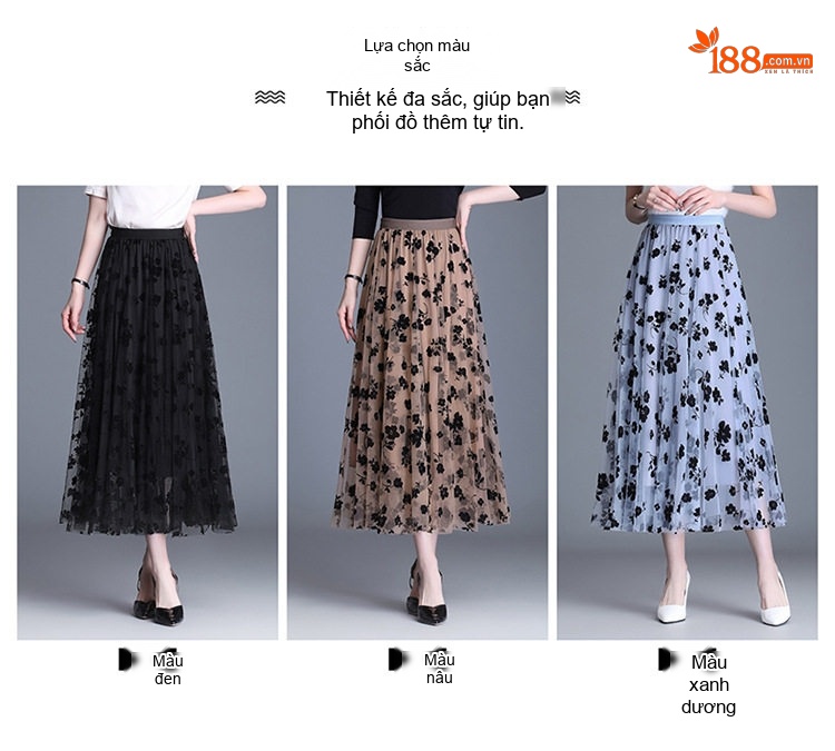 Chân Váy Lưới Nữ dáng chữ A Xòe Lớn Thêu Hoa Nhung Phong Cách Hàn Quốc Màu Nâu, Đen, Xanh chi tiết 9