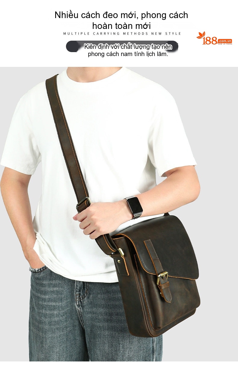 Túi Đeo Vai Nam Da Mộc Kiểu Dáng Postman Nắp Gập Cao Cấp Màu Nâu chi tiết 12