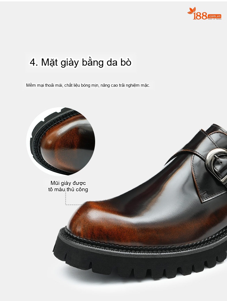 Giày Tây Monk Strap Nam Da Bóng Chiều Cao Đế Khoảng 4cm Màu Đen, Nâu chi tiết 8