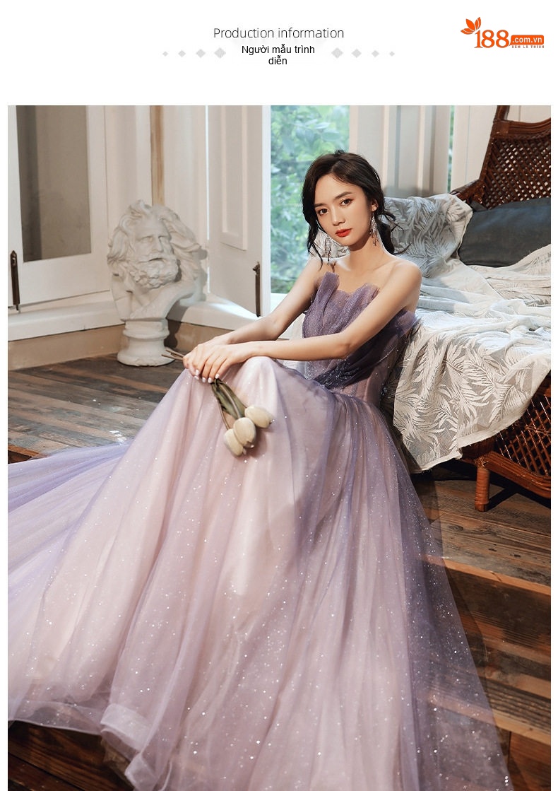 Váy Dạ Hội Dáng Dài Hở Vai Phong Cách Hepburn Màu Tím chi tiết 5