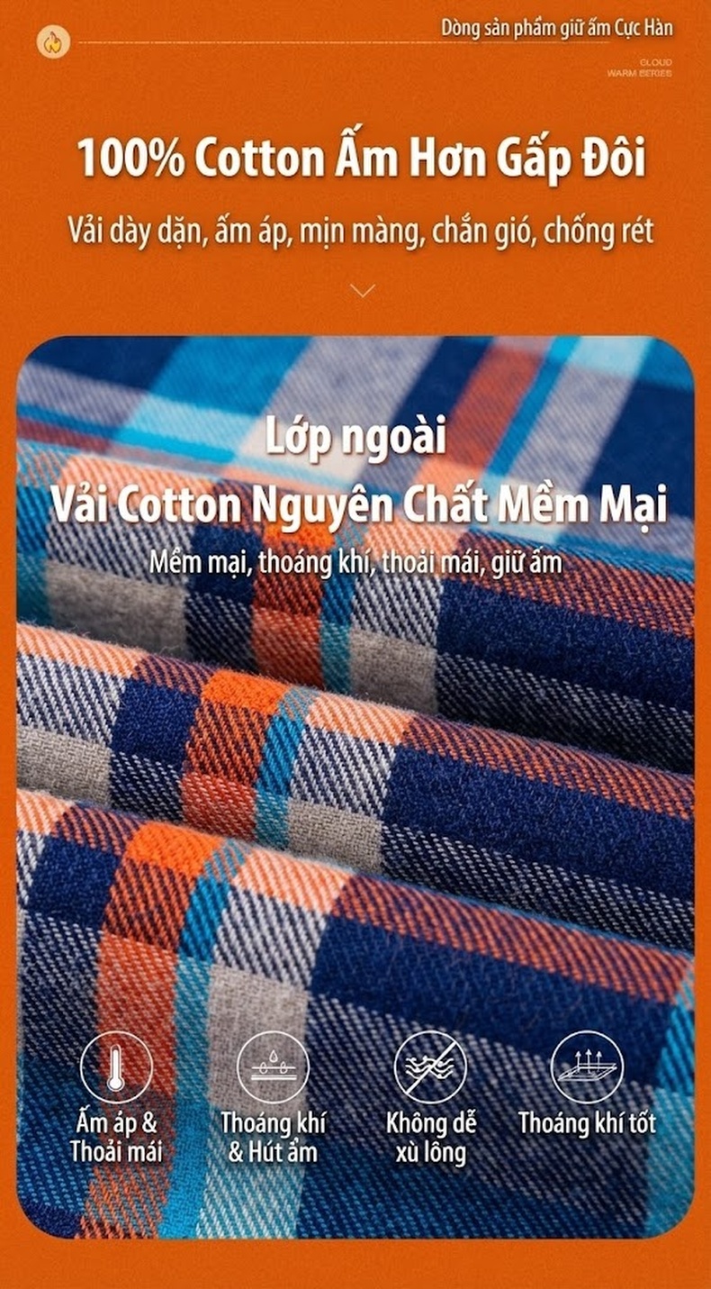 Áo Sơ Mi Nam Ca Rô Lông Cừu Non Cotton Dày Dặn Giữ Ấm Màu Đen, Đỏ, Xanh Dương, Xanh Lá... chi tiết 9