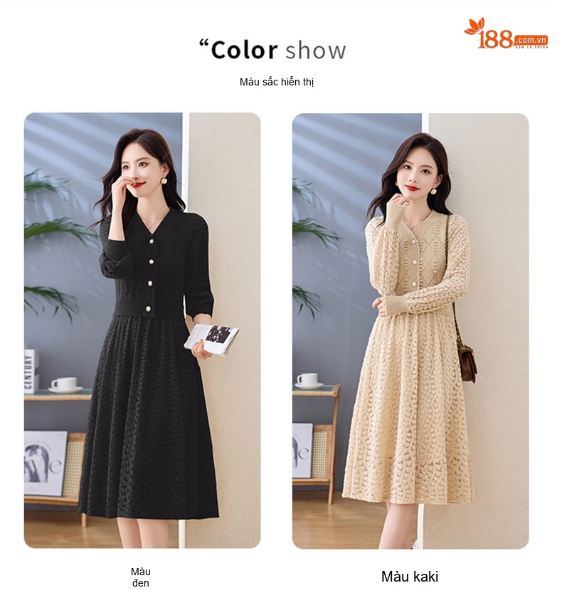 Váy Dệt Kim Nữ Cổ chữ V Đính Cúc Ngọc Trai Phối Ren Phong Cách Quý Cô Màu Be, Đen, Hồng chi tiết 15