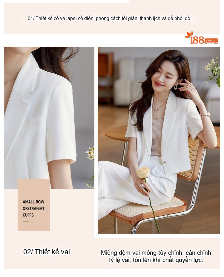 Áo Blazer Nữ Tay Ngắn Dáng Croptop Phong Cách Công Sở Màu Be, Đen, Trắng chi tiết 6