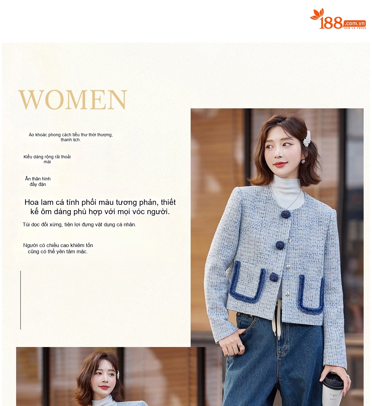 Áo Khoác Nữ Tweed Xanh Lam Cổ Tròn Đính Nút Hoa Phong Cách Tiểu Thư chi tiết 5
