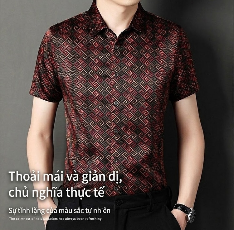 Áo Sơ Mi Nam Tay Ngắn Lụa Tằm Cao Cấp Họa Tiết In Nổi Chống Nhăn Màu Đỏ Đen chi tiết 1