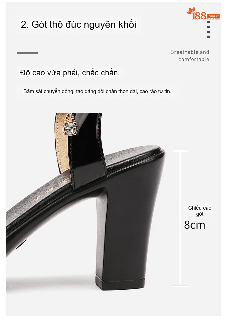 Giày Sandal Cao Gót Nữ Hở Ngón Quai Ngang Da Bóng Gót Cao 8cm Màu Đen, Đỏ, Trắng chi tiết 8