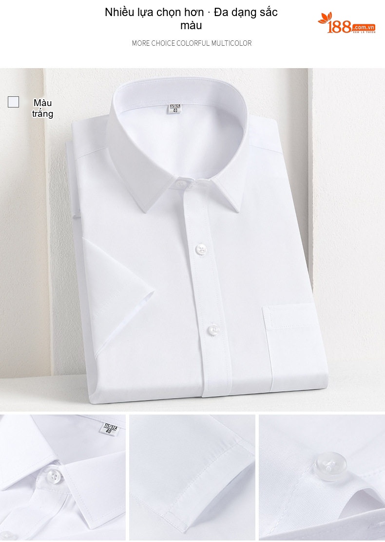 Áo Sơ Mi Nam Cotton Ngắn Tay Dáng Ôm Chống Nhăn Màu Trắng, Xanh Dương, Tím, Xám... chi tiết 4