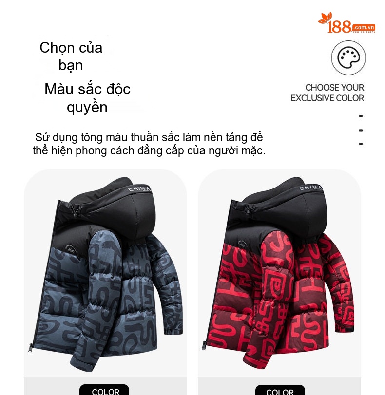 Áo Khoác Phao Nam Dáng Ngắn Dày Dặn Lông Vũ Trắng 90% Màu Đen, Đỏ chi tiết 17