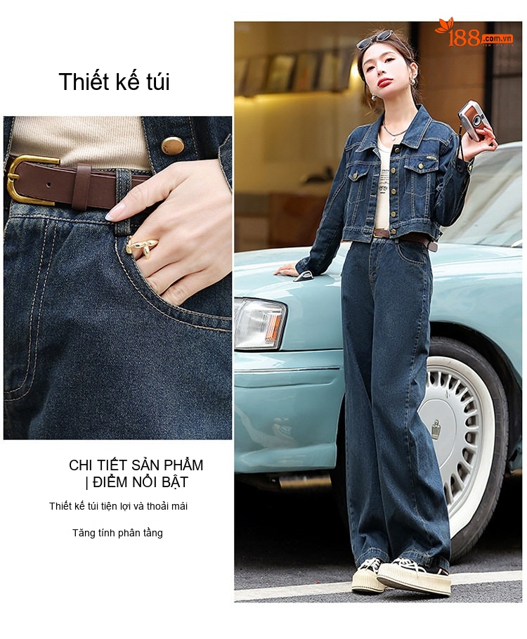 Set Bộ Quần Áo Nữ Jean/Denim Áo Khoác Lửng Quần Ống Rộng Phong Cách Hàn Quốc Màu Xanh Navy chi tiết 11