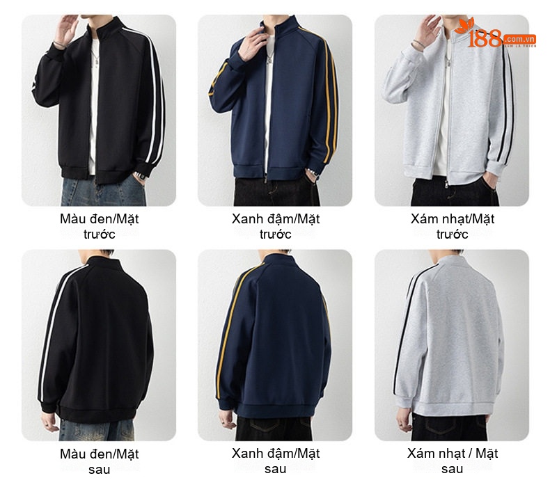 Áo Khoác Bomber Nam Cổ Trụ Dáng Rộng Phong Cách Thể Thao Màu Đen, Xám, Xanh Navy chi tiết 12