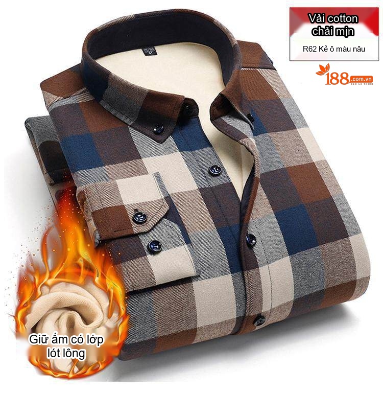 Áo Sơ Mi Nam Cotton Dài Tay Lót Lông Cổ Điển Chống Nhăn Màu Xanh Navy, Xám, Đỏ, Xanh Lá... chi tiết 15