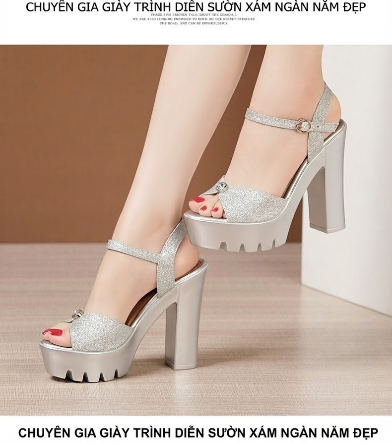Giày Sandal Cao Gót Nữ Quai Ngang Hở Ngón Gót Cao 13cm Màu Bạc, Vàng, Đen chi tiết 10