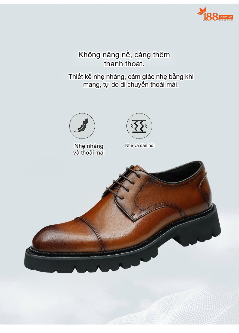 Giày Tây Buộc Dây Nam Da Thật Đế Dày Chiều Cao Đế Khoảng 4cm Màu Đen, Nâu chi tiết 7
