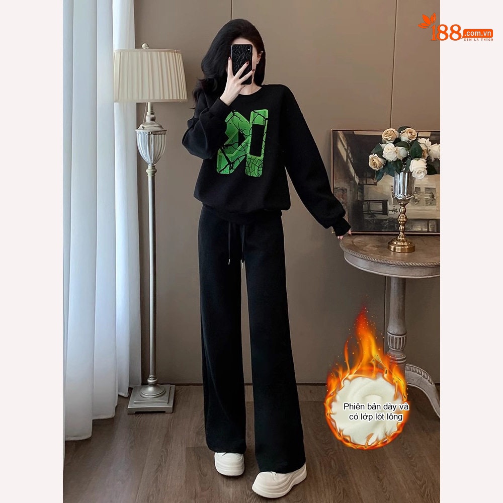Bộ Đồ Nữ Áo Hoodie và Quần Dài Dáng Rộng Lót Lông Dày Dặn Phong Cách Hàn Quốc Màu Đen