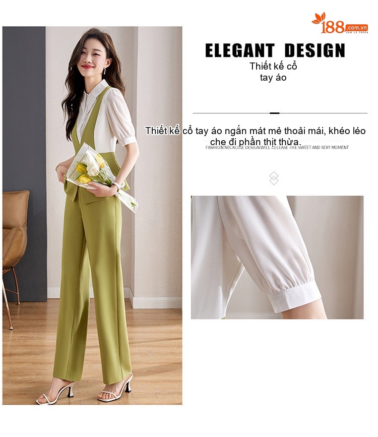 Set Bộ Quần Dài Áo Sơ Mi Tay Lỡ Kèm Áo Gile Nữ Phong Cách Tối Giản Thanh Lịch Màu Be, Đen, Xanh Lá, Tím... chi tiết 10