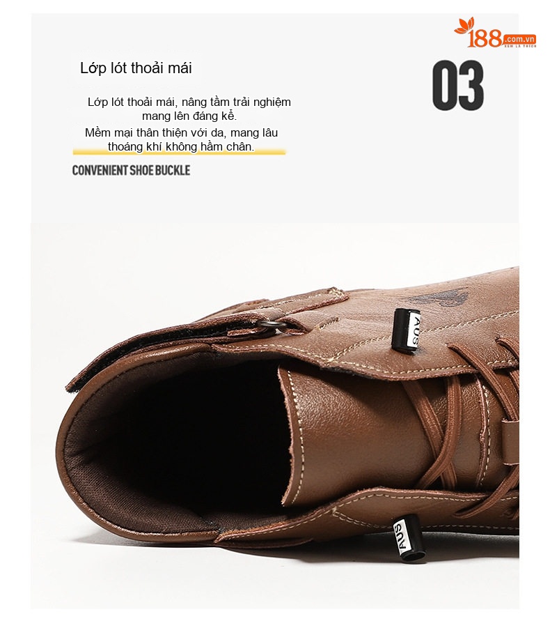 Giày Boot Martin Nam Cao Cổ Da Bóng Buộc Dây Chiều Cao Đế Khoảng 3cm Màu Nâu chi tiết 7