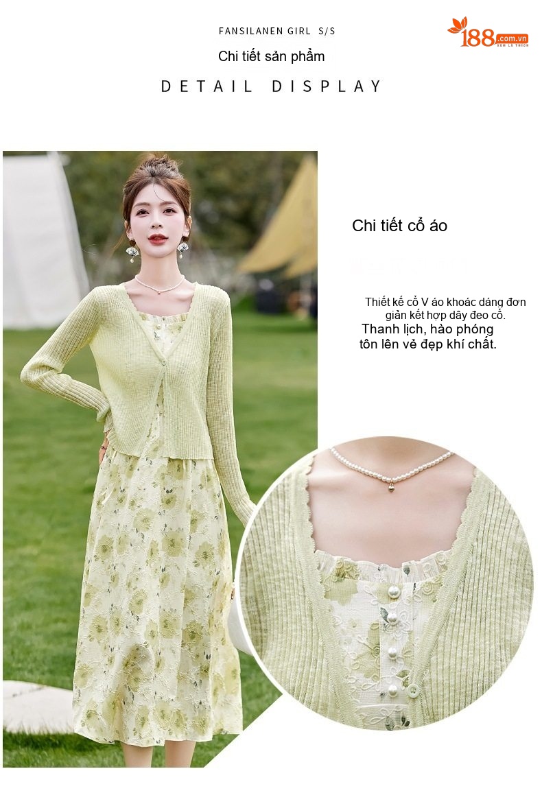 Váy Hai Dây Nữ dáng chữ A Chiết Eo Họa Tiết Hoa Nhỏ Kèm Áo Khoác Cardigan Dệt Kim Màu Xanh Nhạt chi tiết 5