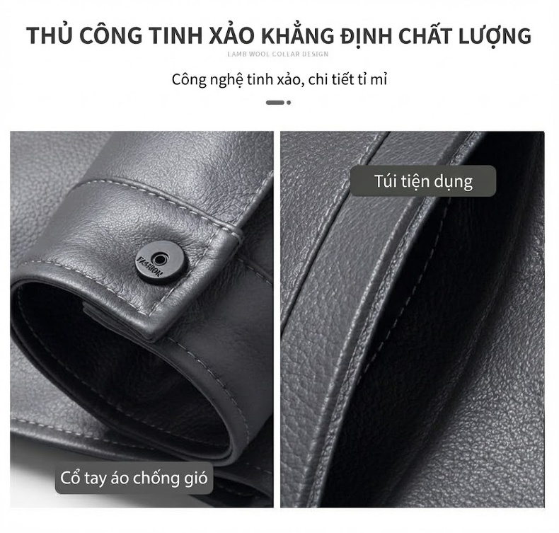 Áo Khoác Da Thật Nam Lót Lông Chồn Cổ Lông Sơn Dương Dáng Dài Màu Đen, Xám chi tiết 4