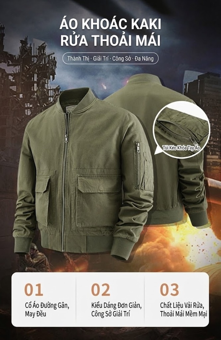 Áo Khoác Bomber Nam Cotton Giặt Nước Nhiều Túi Dáng Rộng Màu Đen, Xanh Olive, Nâu Vàng chi tiết 1