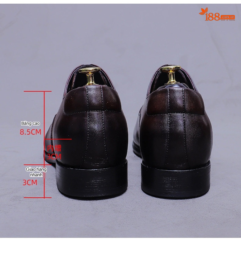 Giày Tây Buộc Dây Nam Da Bò Chiều Cao Đế 6cm Màu Đen, Nâu chi tiết 17