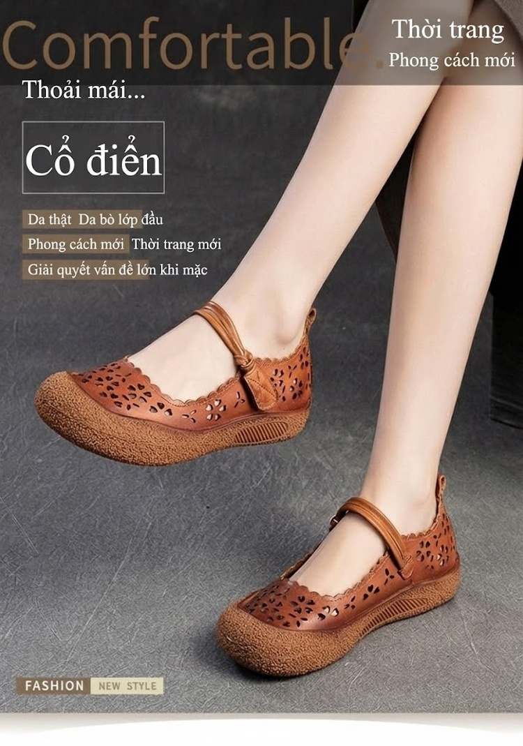 Giày Búp Bê Nữ Da Mờ Lỗ Thoáng Khí Chiều Cao Đế Khoảng 3cm Màu Nâu, Kem chi tiết 1