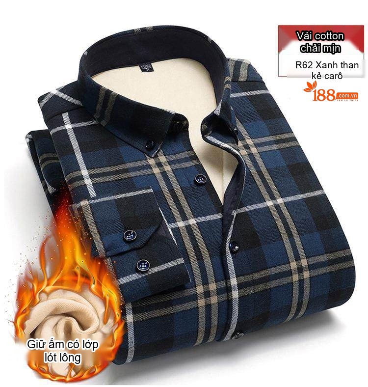 Áo Sơ Mi Nam Cotton Dài Tay Lót Lông Cổ Điển Chống Nhăn Màu Xanh Navy, Xám, Đỏ, Xanh Lá... chi tiết 16