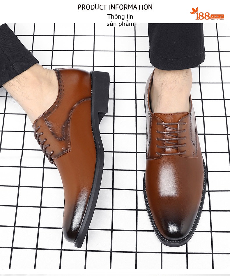 Giày Tây Buộc Dây Nam Da Bóng Chiều Cao Đế Khoảng 3cm Màu Đen, Nâu chi tiết 3
