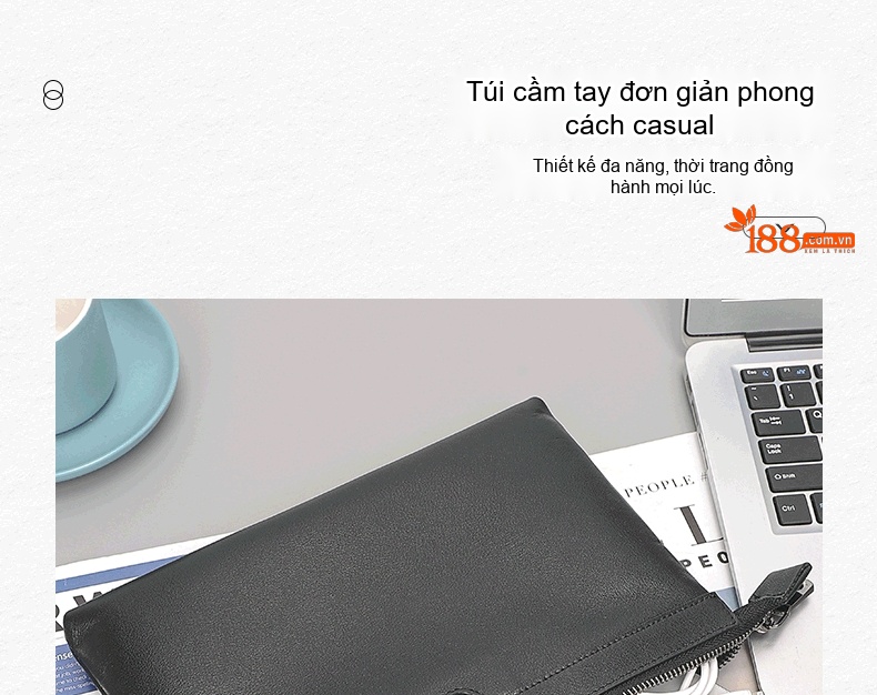 Ví Cầm Tay Nam Da Bò Dáng Dài Khóa Kéo Dung Tích Lớn Màu Đen chi tiết 1