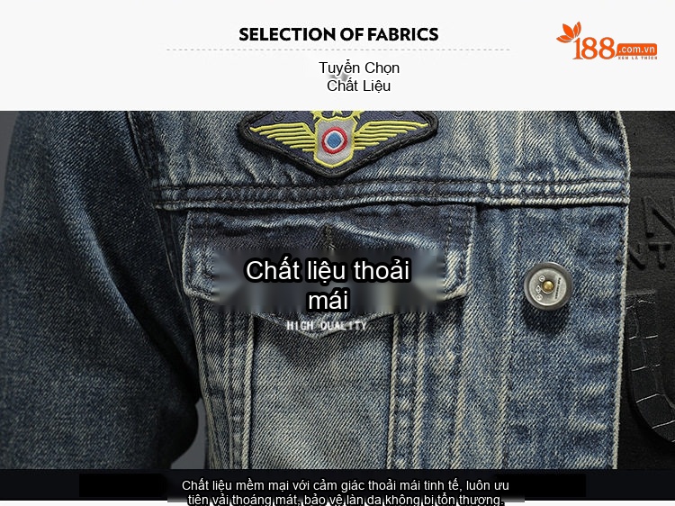 Áo Khoác Jean Nam Dáng Bomber Cổ Điển, Màu Xanh Dương Phai chi tiết 2
