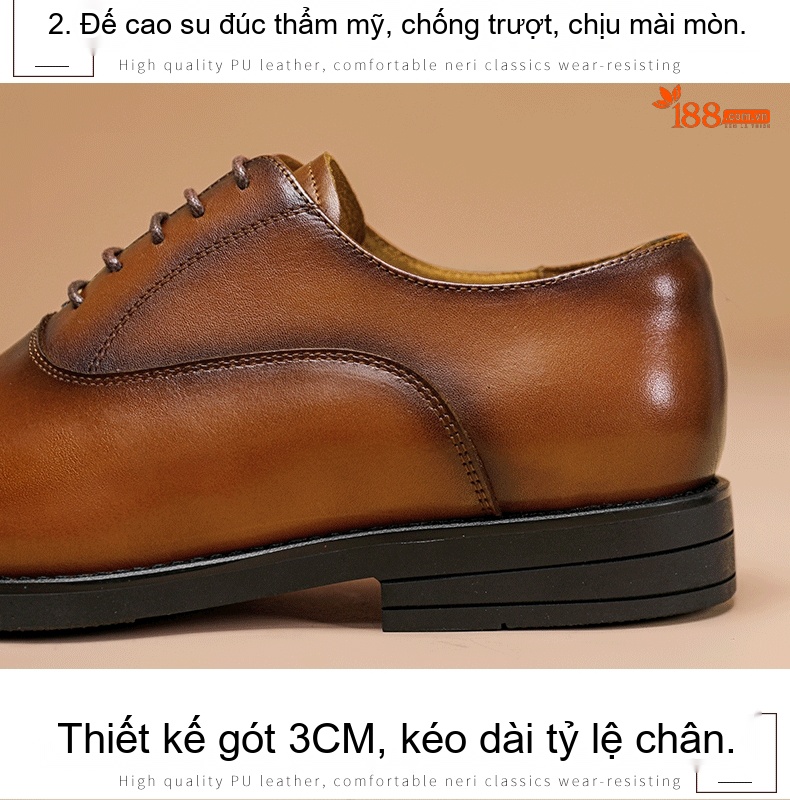 Giày Tây Buộc Dây Nam Da Bò Chiều Cao Đế Khoảng 3cm Màu Nâu chi tiết 6