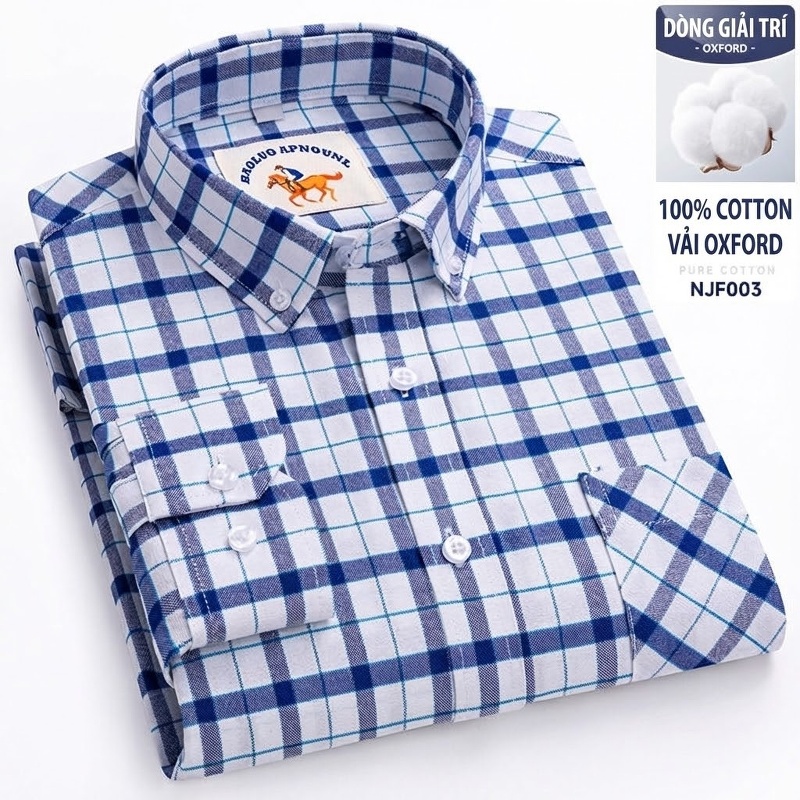 Áo Sơ Mi Nam Tay Dài Oxford Cotton Thoáng Khí Họa Tiết Kẻ Sọc Lớn Màu Xanh Dương, Đen, Trắng, Xám...