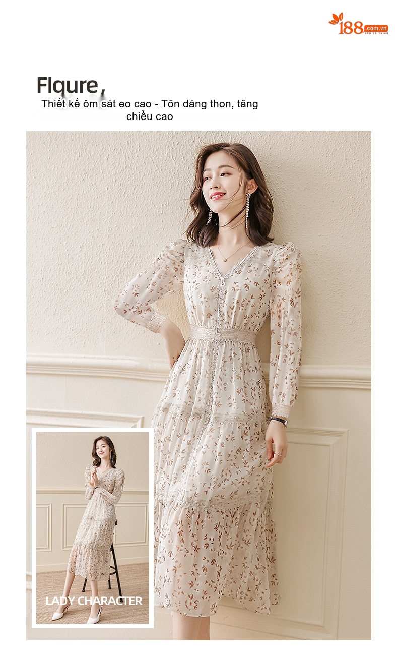 Váy Liền Thân Dáng Dài Tay Dài Tiểu Thư Họa Tiết Hoa Nhỏ Phong Cách Pháp Thanh Lịch chi tiết 2