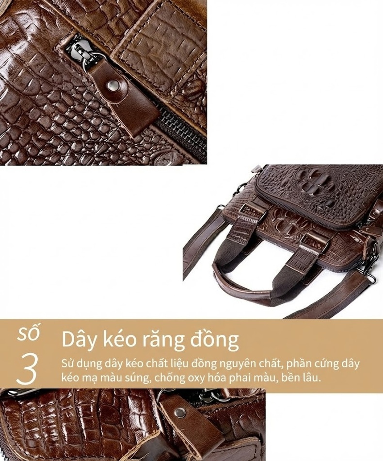Túi Đeo Chéo Nam Da Bò Dập Vân Cá Sấu Dáng Đứng Công Sở Màu Nâu chi tiết 17