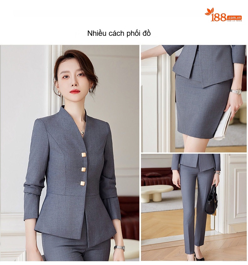 Bộ Vest Công Sở Nữ Quần/Chân Váy Thanh Lịch Màu Xám, Đen, Xanh Navy chi tiết 9
