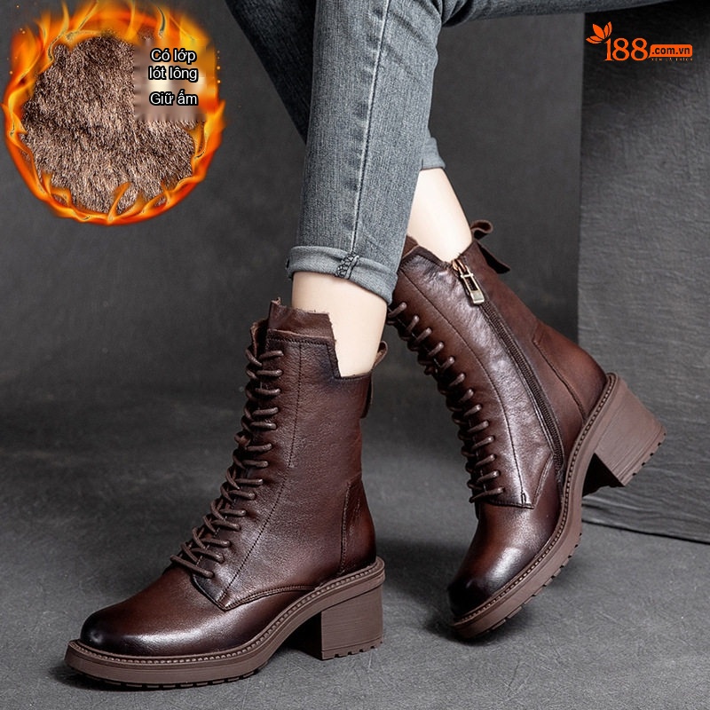 Boot Martin Nữ Da Bò Gót Vuông Chiều Cao Đế Khoảng 5cm Khóa Kéo Bên Hông Màu Đen, Nâu