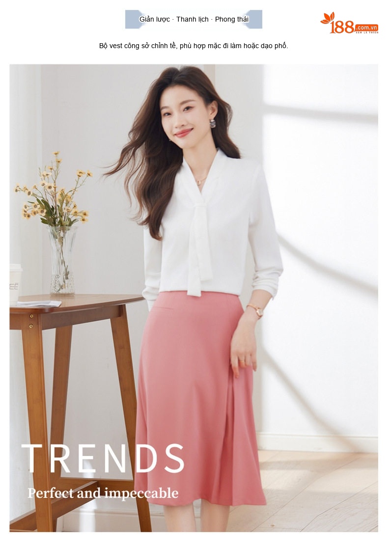 Áo Sơ Mi Nữ Cổ chữ V Chữ V Thắt Nơ Tay Dài Phong Cách Công Sở Màu Trắng, Xanh Navy chi tiết 10
