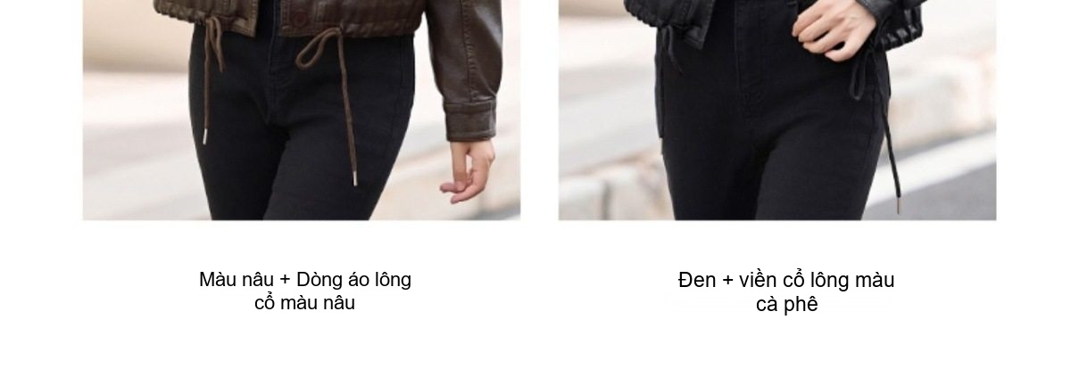 Áo Khoác Da PU Nữ Lót Lông Cổ Lông Dáng Ngắn Màu Đen, Nâu chi tiết 13