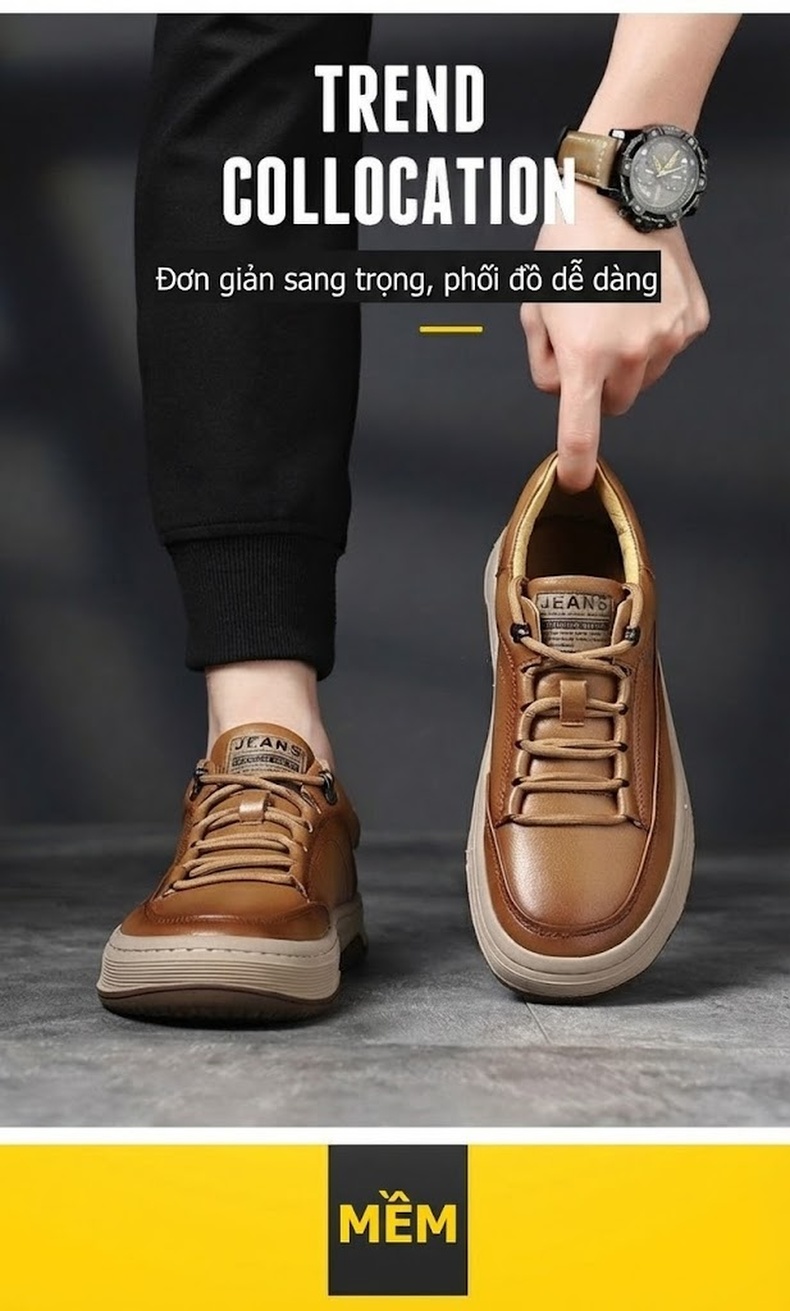 Giày Thể Thao Buộc Dây Nam Da Bóng Chiều Cao Đế Khoảng 3cm Màu Nâu, Đen chi tiết 7