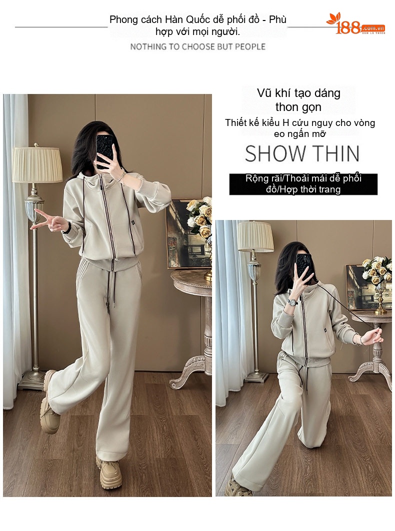 Bộ đồ nữ dệt kim dày dặn lót lông giữ ấm phong cách thể thao chi tiết 2