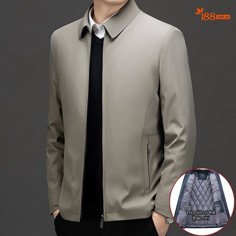 Áo Khoác Bông Nam Trung Niên Thu Đông Lót Tháo Rời Dáng Bomber Màu Xanh Navy, Be